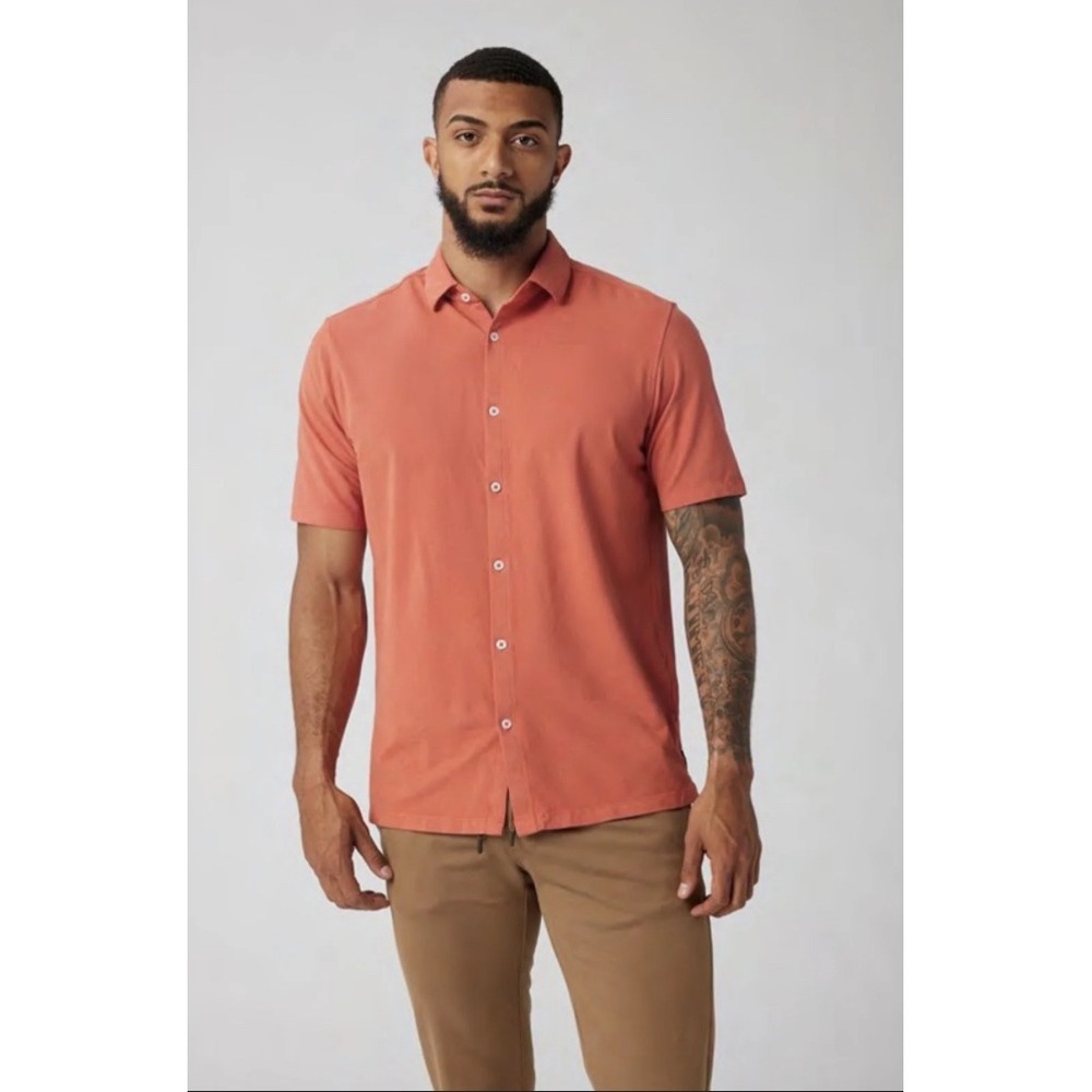 Good Man Brand Mens XL Salmon Pink Slub Knit Short Sleeve Button Down Shirt